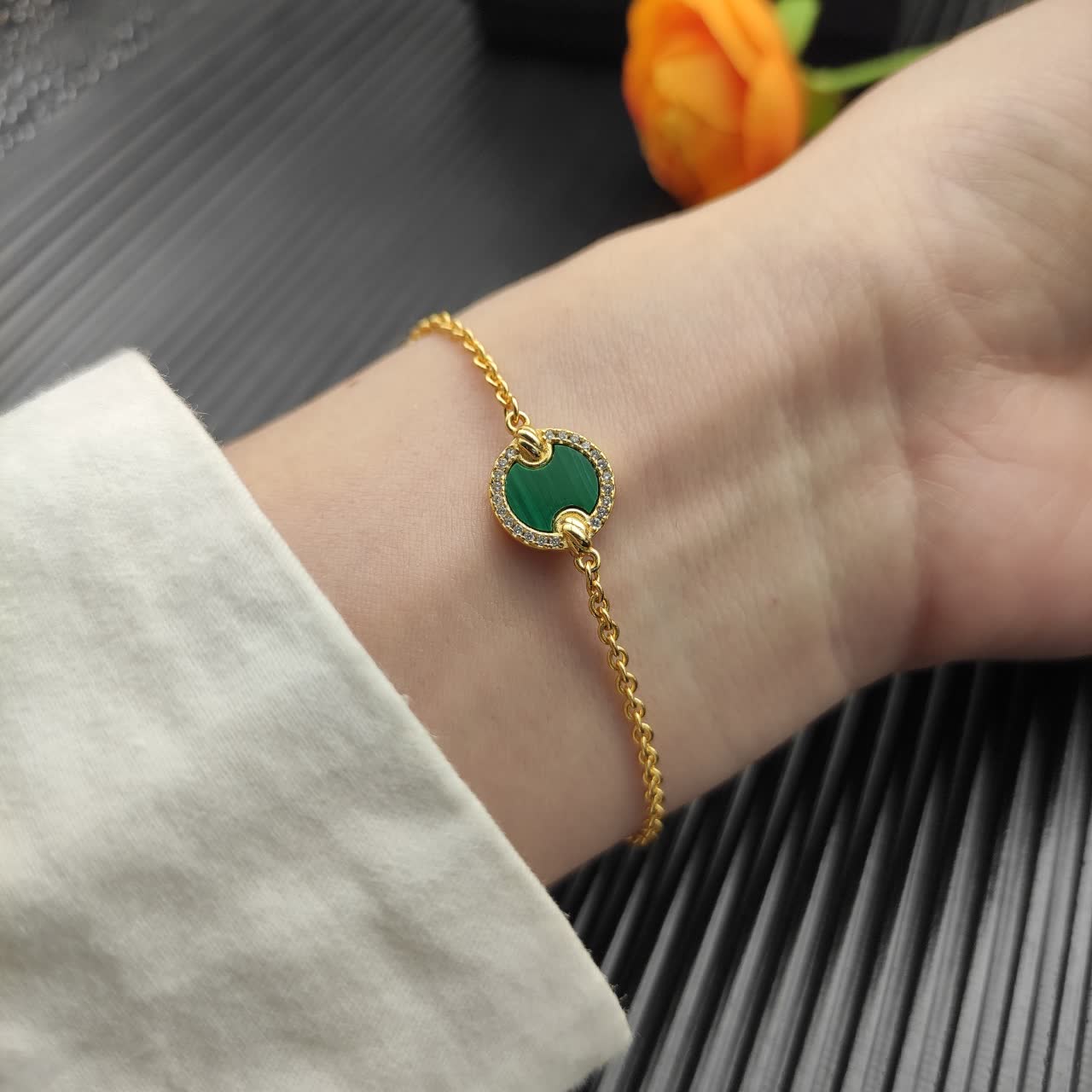 David Yurman Elegant Gold and Malachite Bracelet with Diamond Accents